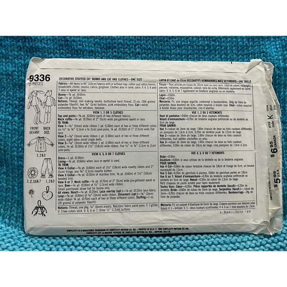 Simplicity 9336 Sewing pattern decorative stuffed bunny cat clothes - Picture 3 of 5